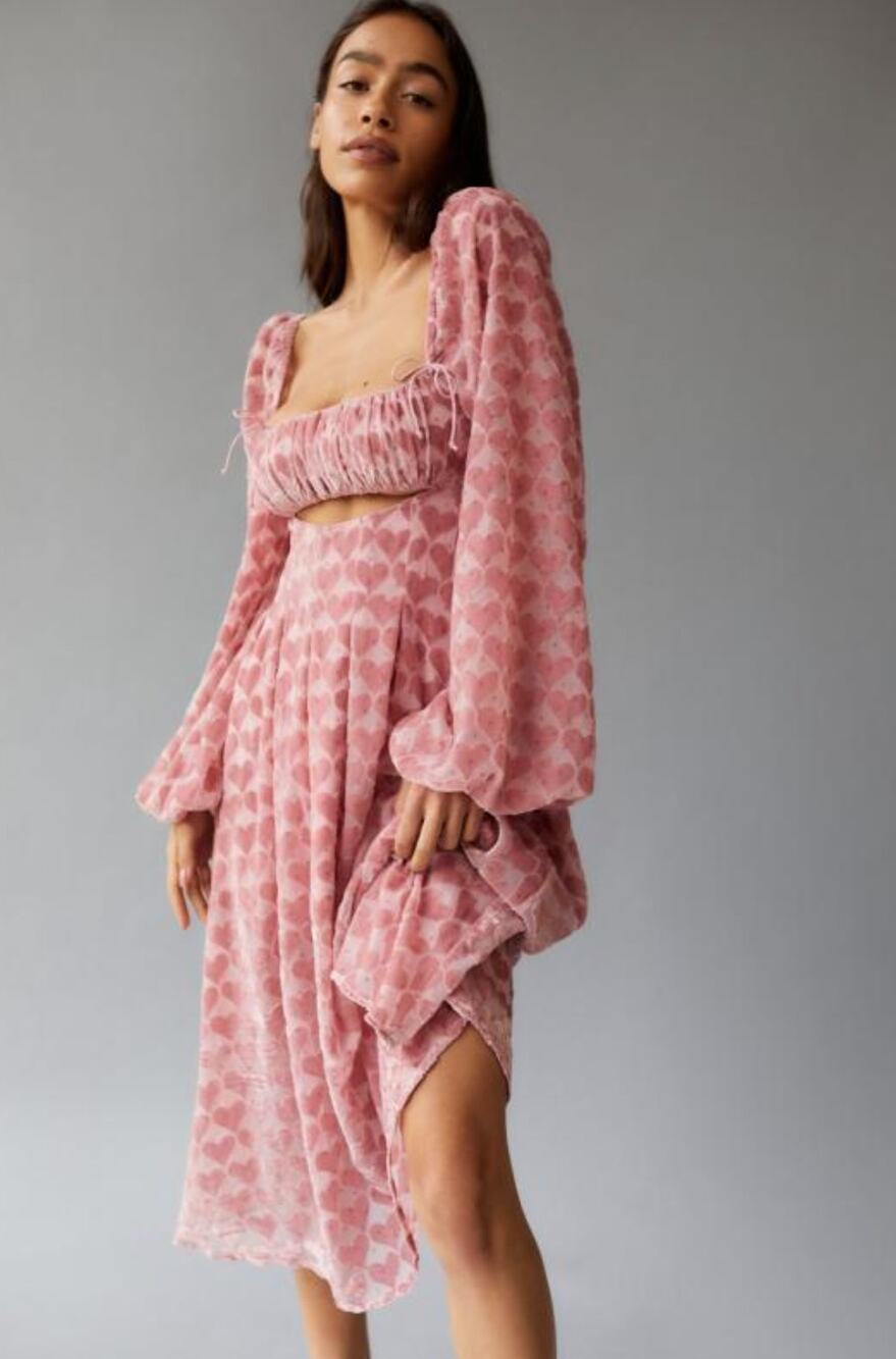 NWT For Love & Lemons Pink Nikki Heart Cutout Velvet Midi Dress Size Small
